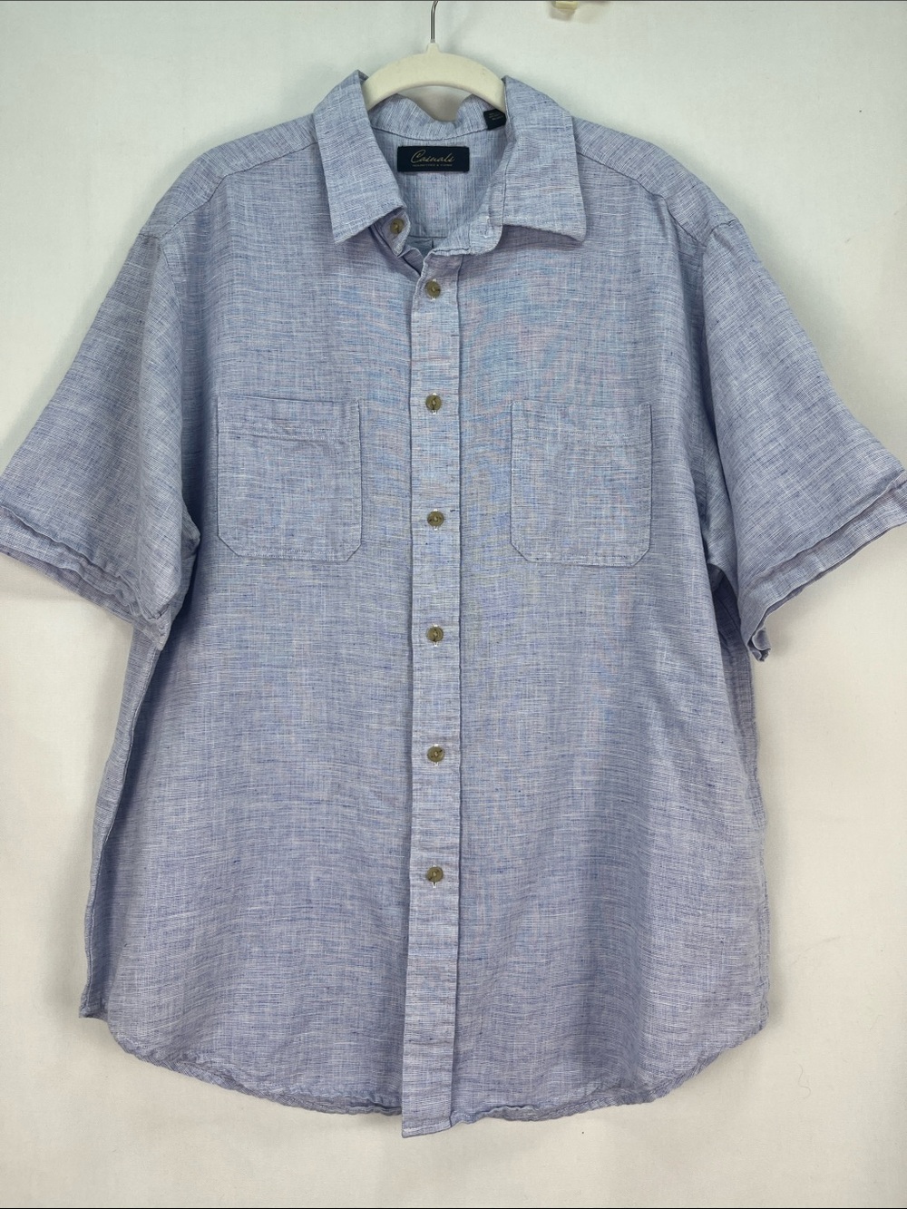 Casuals by Roundtree & Yorke Blue Linen Blend Short Sleeve Camp Button Up Shirt